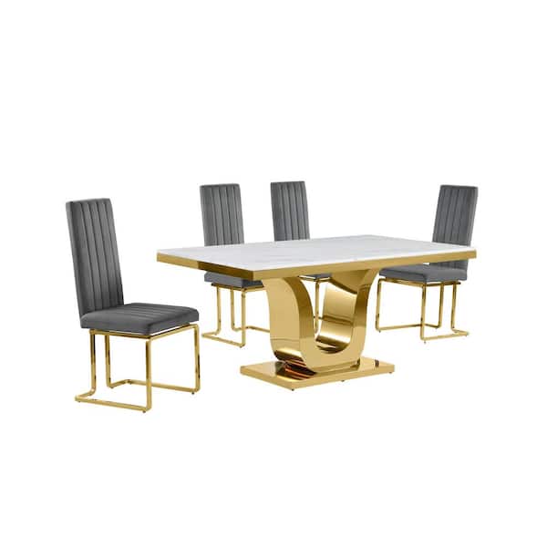 Best Quality Furniture Ada 5-Piece Rectangle White Marble Top With Gold Stainless Steel Dining Set With 4 Dark Grey Velvet Gold Chrome Chairs