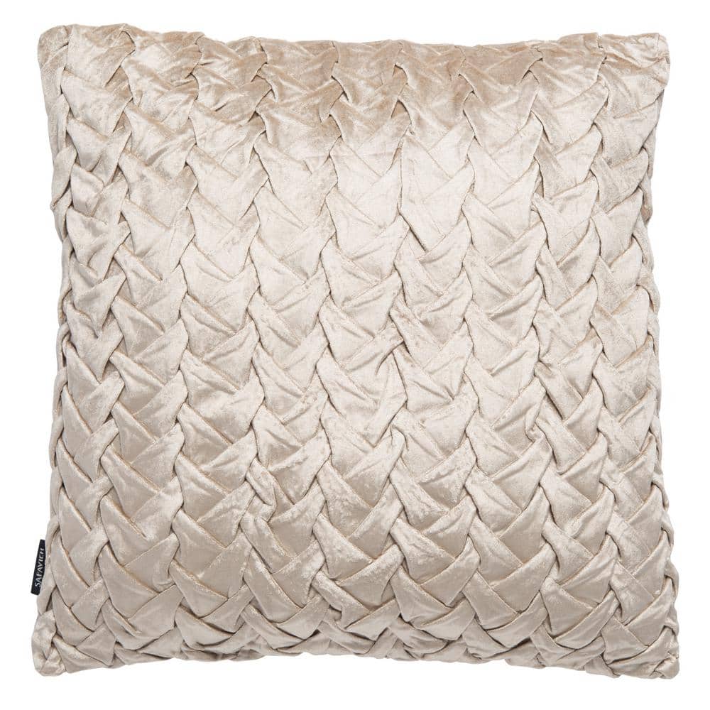 Beige Velvet Square Accent Pillow with Woven Smocking