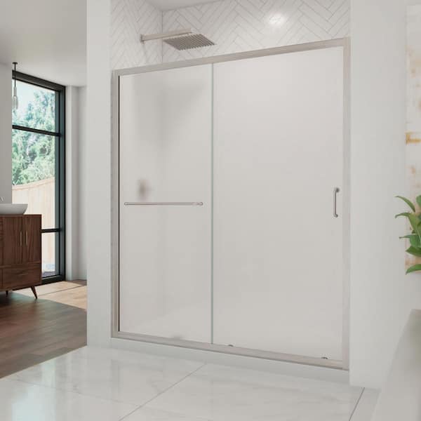 DreamLine Infinity-Z 32 in. x 60 in. Semi-Frameless Sliding Shower Door in Brushed Nickel with Left Drain White Acrylic Base