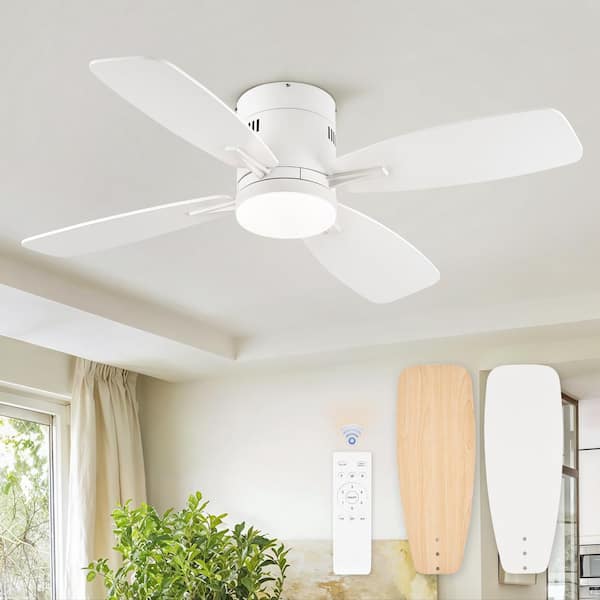 42 in. indoor Flush Mount Low Profile Matte White Color Changing LED Ceiling Fan with Light Kit and Remote Control