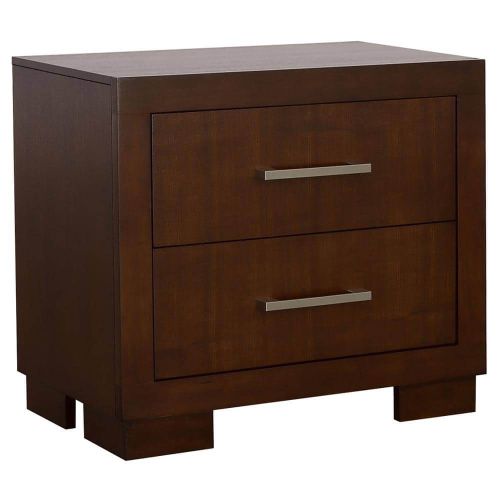 Transitional Cappuccino Brown 2-Drawer Nightstand with Silver Tone Bar Handles