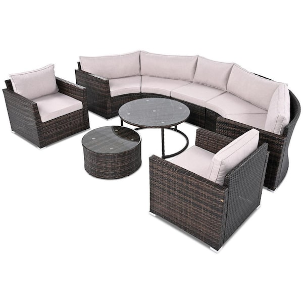 Brown 9-Piece Wicker Half-moon Outdoor Sectional Set, Modern Style