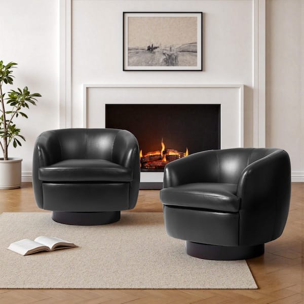 Modern Black Faux Leather Upholstered Swivel Accent Barrel Chair with Wood Base (Set of 2)