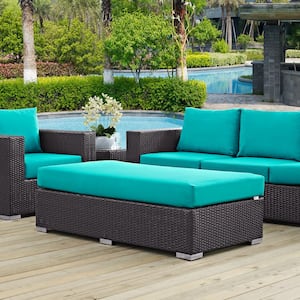 Convene Wicker Outdoor Patio Fabric Rectangle Ottoman in Espresso with Turquoise Cushion