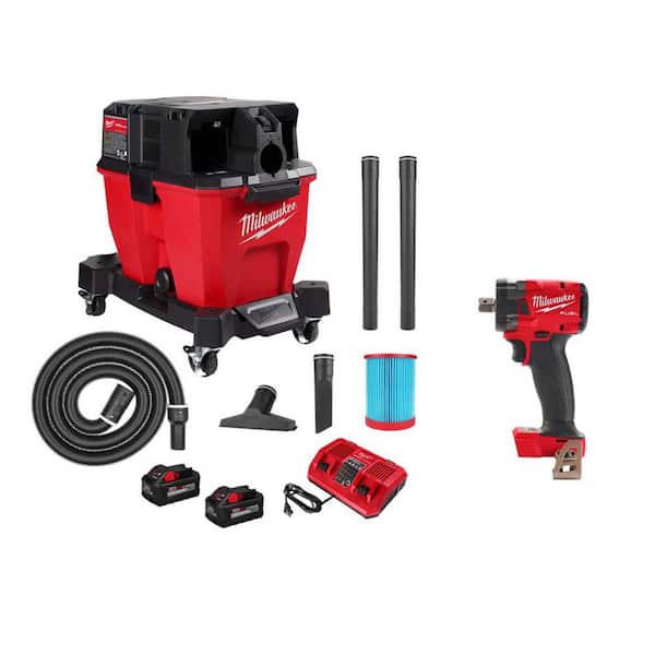M18 FUEL 9 Gal. DUAL BATTERY Wet/Dry Shop Vacuum Kit with M18 FUEL 1/2 in. Compact Impact Wrench with Pin Detent