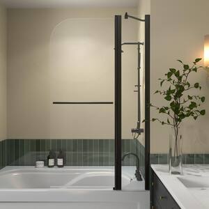 34 in. x 58 in. Frameless Pivot Hinged Tub Door with in Matte Black with Clear Tempered Glass