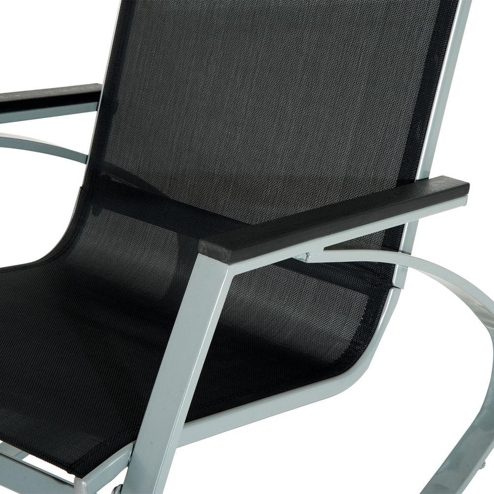 Black and Silver Steel Mesh Outdoor Rocking Chair with Arms