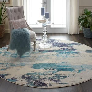 Celestial Ivory/Teal Blue 8 ft. x 8 ft. Abstract Modern Round Area Rug