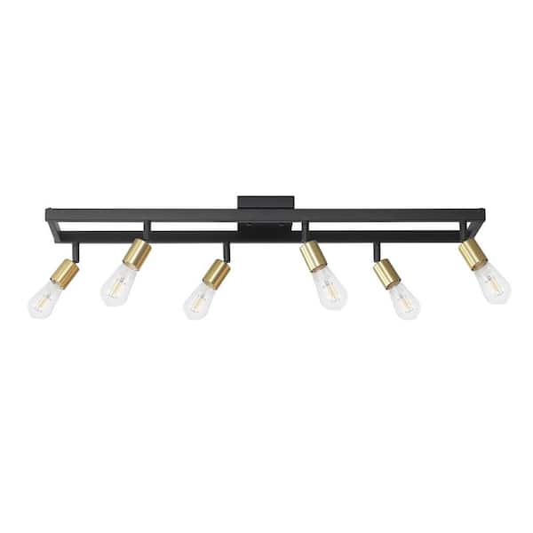 Globe Electric Weston 3 ft. Matte Black 6-Light Ceiling Hard Wired Track Lighting Kit with Brass Pivoting Exposed Socket Track Heads