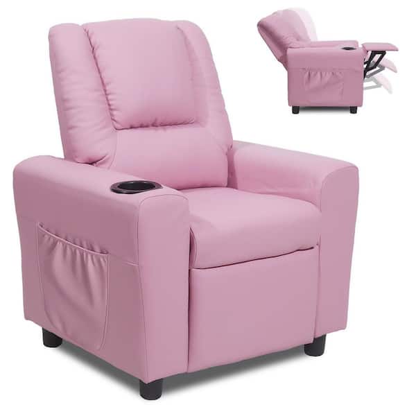 Pinksvdas 19.6 in Pink Faux Leather Chair Recliner for Kids Age 0-5 with Cup Holder, Side Pockets and Non-Slip Footstool