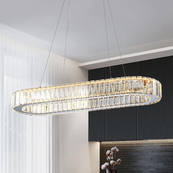 Y'INSP 1 Light Integrated LED Chrome Modern Oval Crystal Chandelier Light Fixture Ring Pendant Light for Dining Room