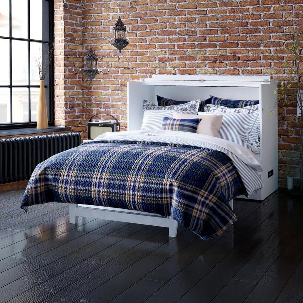 White Wood Frame Full Murphy Bed Chest with Storage Drawer