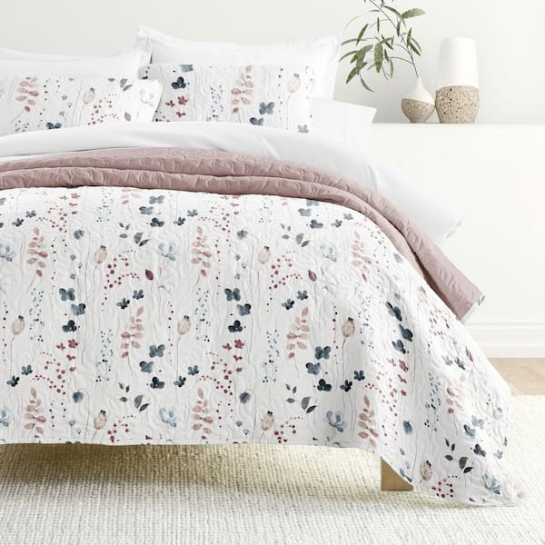 All Season 3-Piece Mauve Poppy Bloom Reversible Microfiber Full/Queen Quilt Set with Shams