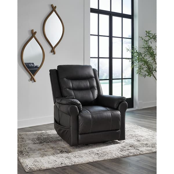 Oatman Black Faux Leather Standard Power Recliner with Heat, Massage, and Storage