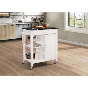 32 in. White Wood Rolling Mobile Kitchen Island Cart with Drawer, 2-Shelves, Towel Rack, Cabinet and Black Top