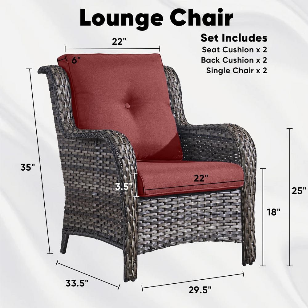Gray Wicker Lounge Chairs with Red Cushions, Set of 2