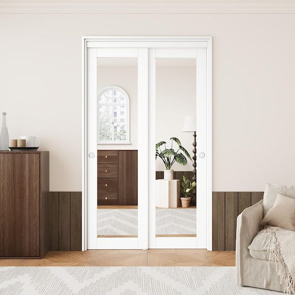 48 in. x 80 in. 1-Lite Mirror Glass White Finished MDF Interior Closet Sliding Door with Hardware and Handles