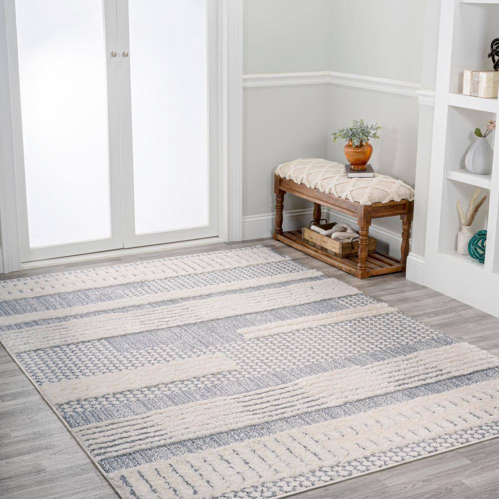 Gray and Cream Abstract Geometric 4' x 6' Shag Area Rug