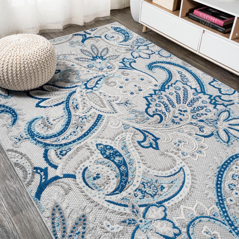 Paisley High-Low Light Gray and Blue Synthetic Indoor/Outdoor Rug