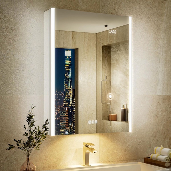 Aura 24 in.W x 32 in.H Rectangular Aluminum Surface/Recessed Wall Medicine Cabinet with Mirror,Light(With Side Mirror)-R
