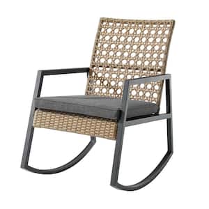Light Brown Rattan Modern Patio Rocking Chair with Grey Cushion