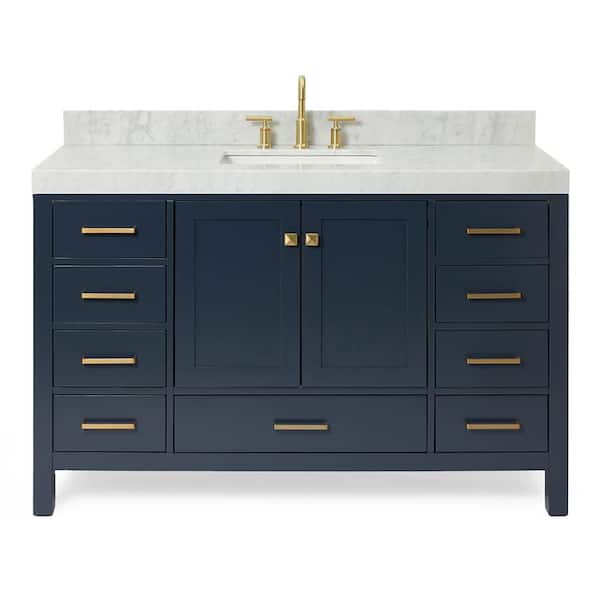 Cambridge 54 in. Single Sink Freestanding Bathroom Vanity in Midnight Blue with Carrara White Marble Top