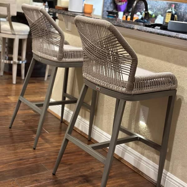 Modern Aluminum Twill Wicker Woven Bar Height Outdoor Bar Stool with Back and Beige Cushion (2-Pack)