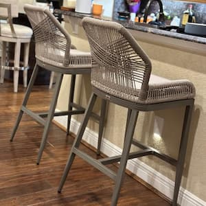 Modern Aluminum Twill Wicker Woven Bar Height Outdoor Bar Stool with Back and Light Gray Cushion (2-Pack)