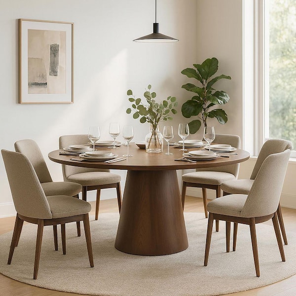 Blake Walnut Finish Round Wood 47.3 in. Pedestal Dining Table Seats 6