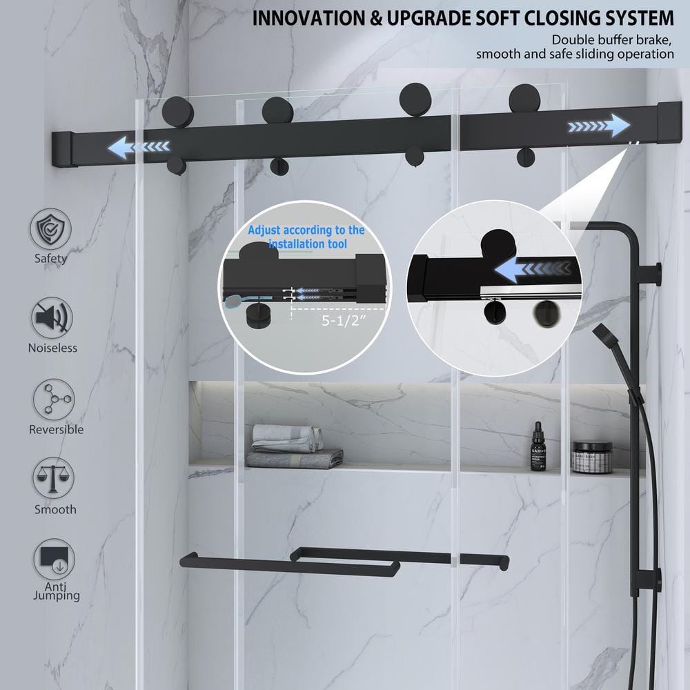 Matte Black Frameless Double Sliding Shower Door with Handles
