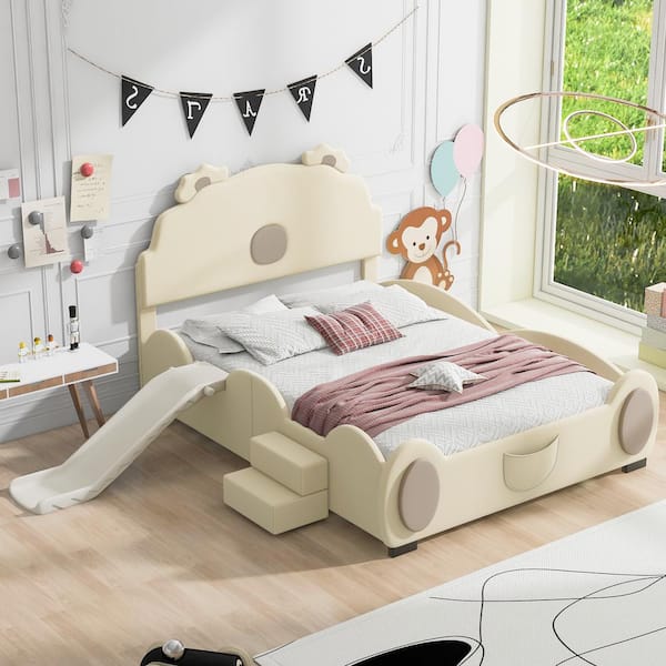 Harper & Bright Designs Beige Wood Frame Full Size PU Upholstered Platform Bed with Piglet Shape Headboard, Ladder and Children's Slide