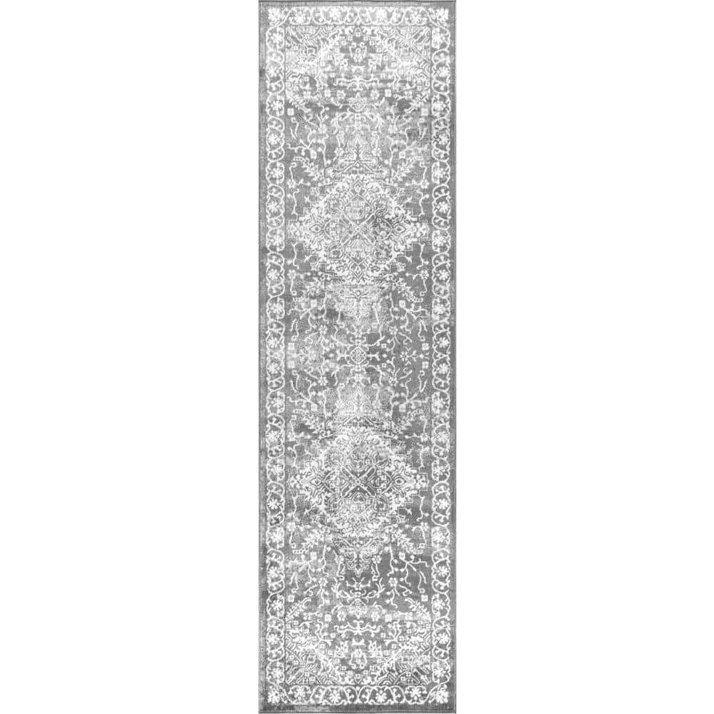 Light Grey Synthetic Medallion Runner Rug 2 ft. x 8 ft.