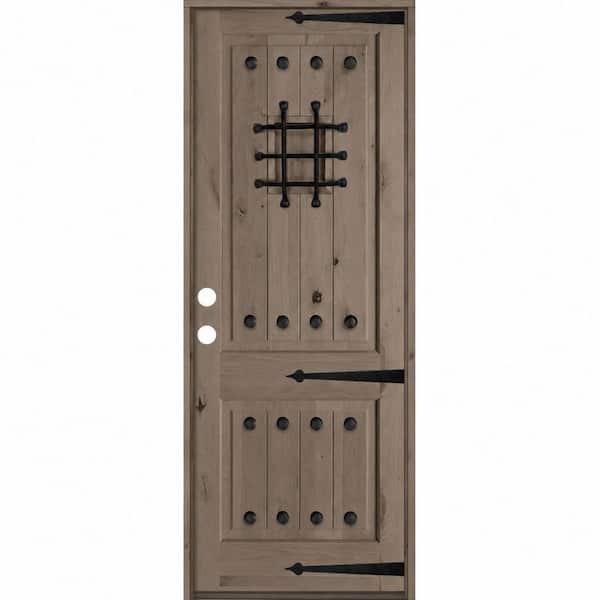 42 in. x 96 in. Med. Knotty Alder Square Top Right-Hand/Inswing BEHR Weathered Gray Stain Single Wood Prehung Front Door
