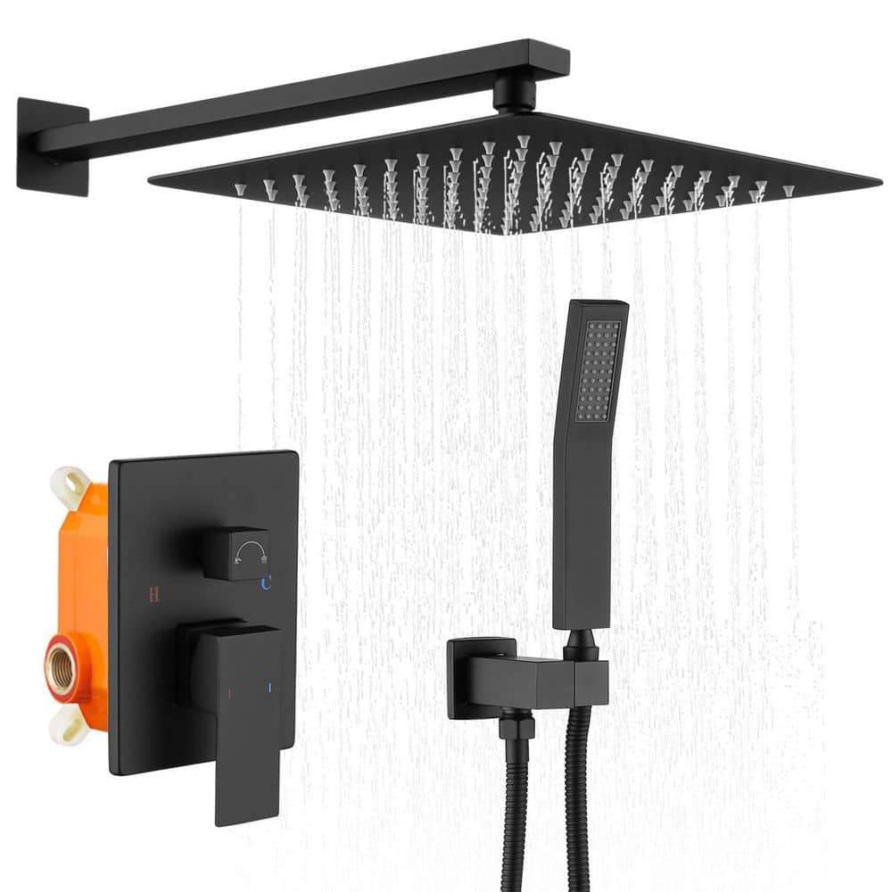 Partry Single Handle 1-Spray Shower Faucet 1.8 GPM 12 in. Rain Shower Head with Brass Valve Rough-In in Matte Black price history on PriceWatchPro