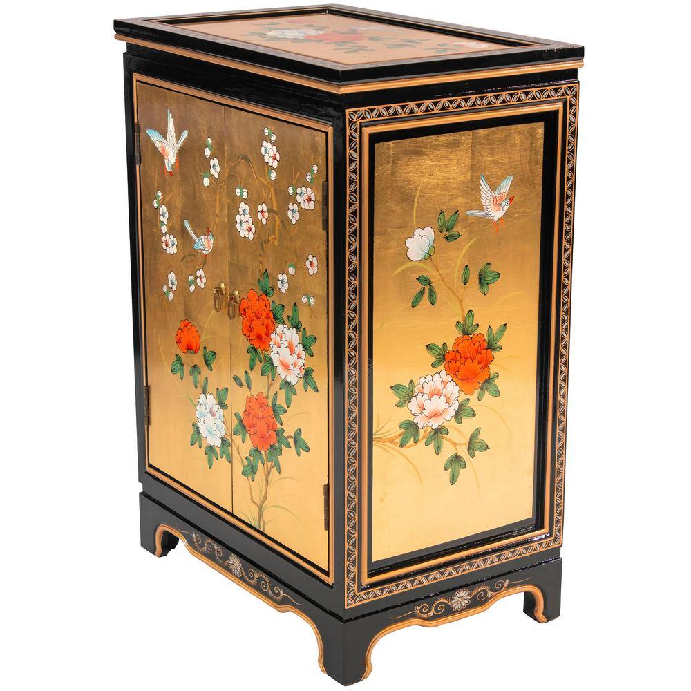 Gold Lacquered Wood Shoe Cabinet with Hand-Painted Garden Scene