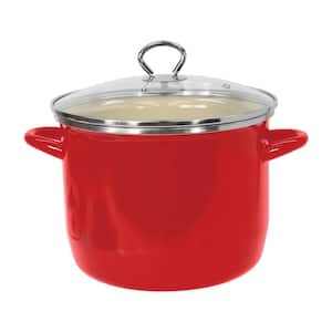 8 qt. Enamel on Steel Stock Pot in Red with Glass Lid
