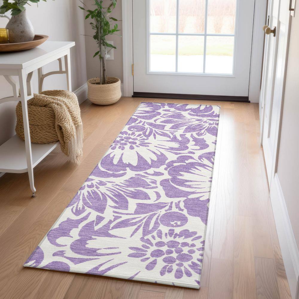 Purple Floral Machine Washable Indoor/Outdoor Runner Rug