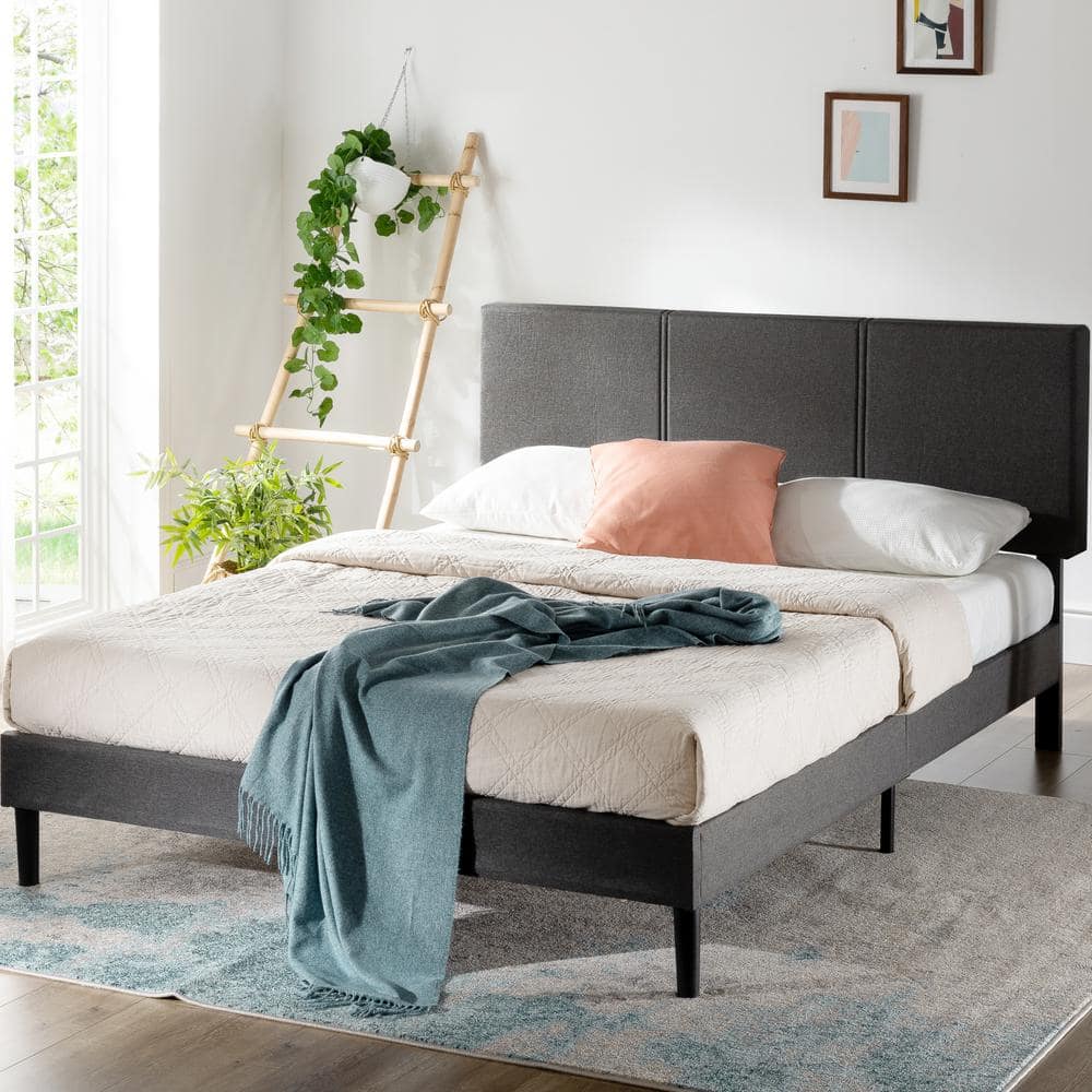 Elegant Gray Queen Upholstered Platform Bed with Bamboo Slats