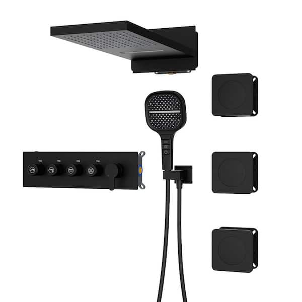 3-Jet Rectangular Wall Mount Shower System with With Handheld and Body Spray Thermostatic Massage Jets in Matte Black