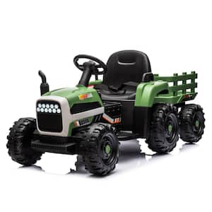 12-Volt Battery-Powered Electric Tractor Toy with Trailer for Kids, Adjustable Speed, LED Lights, 2-Point Safety Belt