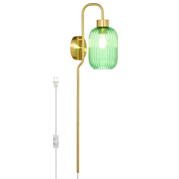 Harlow 8.625 in. Brushed Gold-Colored Wall Sconce with Green Globe-Shaped Glass Shade