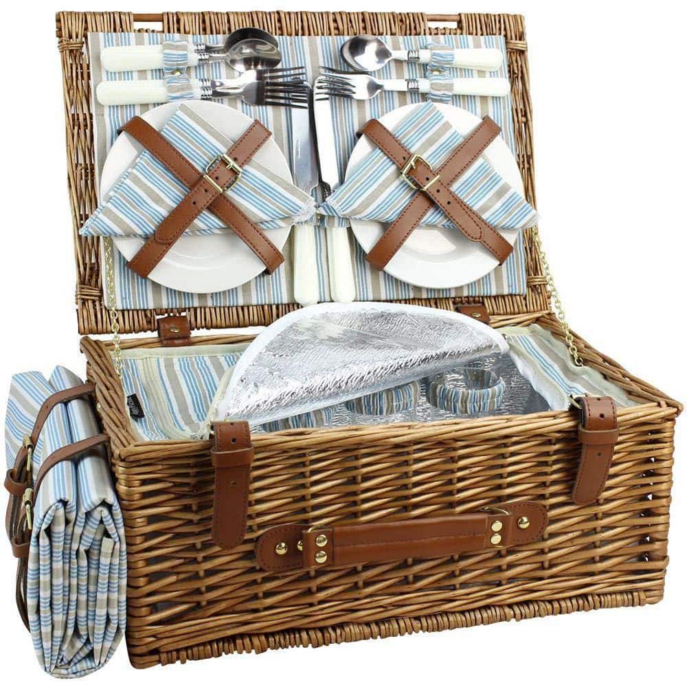 Brown Wicker Picnic Basket with Insulated Cooler Compartment, Waterproof Blanket and Cutlery Service Kit for 4-Person price history on PriceWatchPro