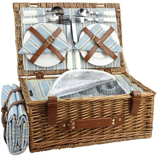 Numhew Brown Wicker Picnic Basket with Insulated Cooler Compartment, Waterproof Blanket and Cutlery Service Kit for 4-Person