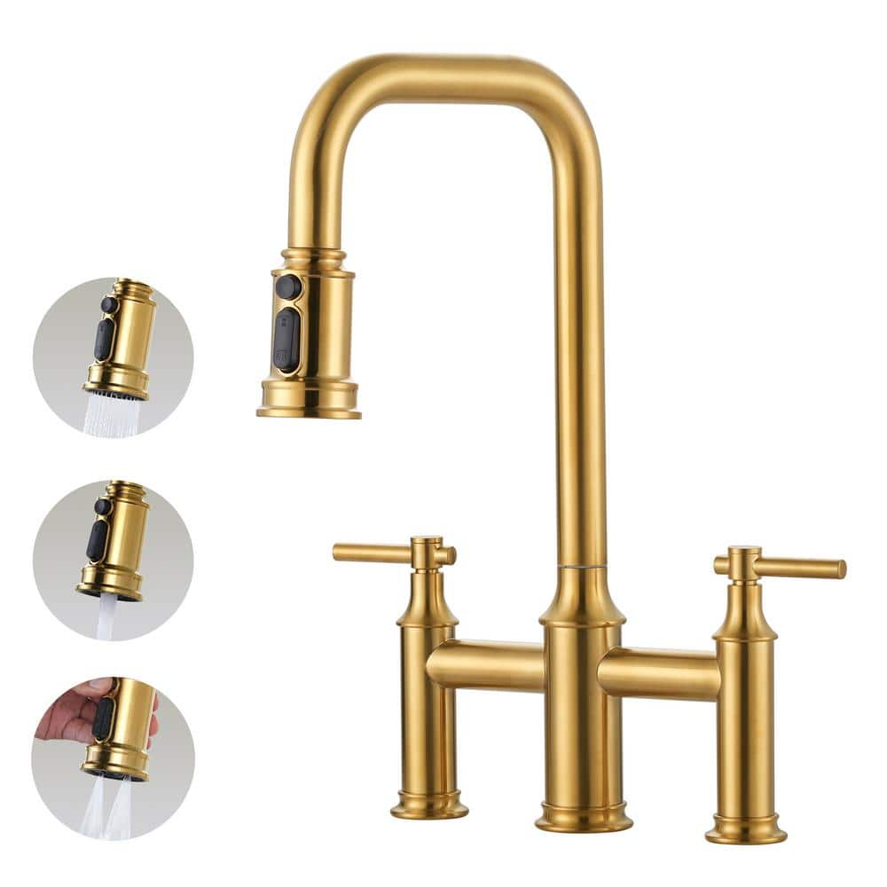 Double Handle Bridge Kitchen Faucet with Pull-Down Spray Head, Deck Mount 3 Holes Kitchen Sink Faucet in Gold price history on PriceWatchPro