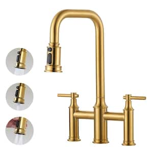 Double Handle Bridge Kitchen Faucet with Pull-Down Spray Head, Deck Mount 3 Holes Kitchen Sink Faucet in Gold