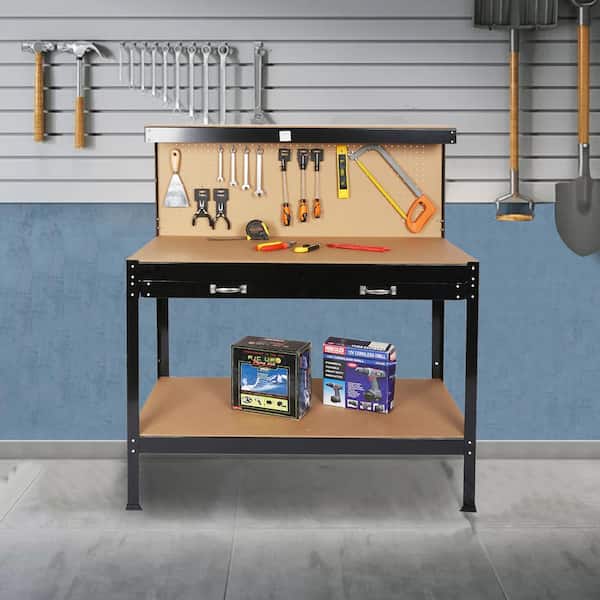 Workbench With Pegboard Drawer Tool Garage Storage Heavy-Duty Steel Workshop DIY 