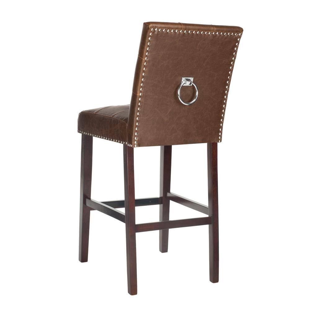 Nikita Brown Leather and Wood Bar Stools, Set of 2