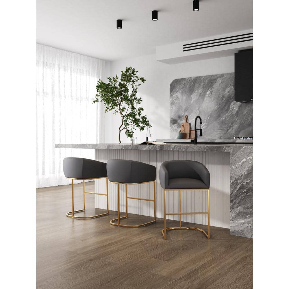 Set of 2 Gray Faux Leather and Gold Metal Counter Stools