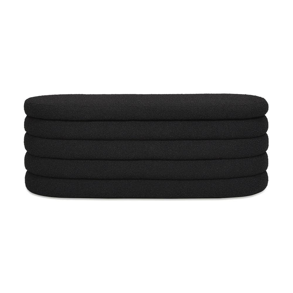 Ebony Black Boucle Upholstered Oval Storage Bench with Hinged Lid