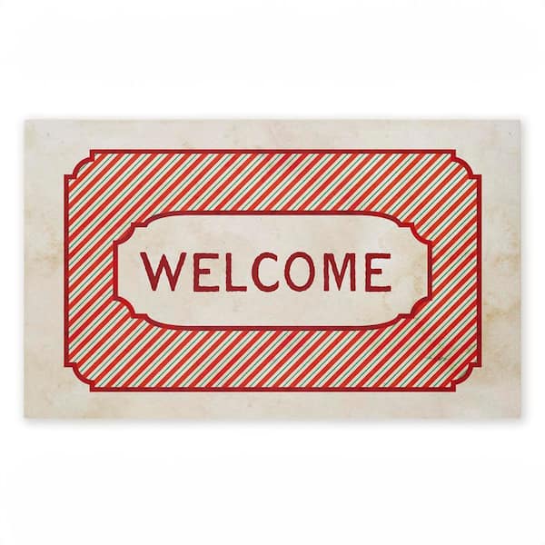 Vintage Holiday Pinstripes Welcome Red 18 in. x 30 in. Polyester Non-Slip Outdoor Door Mat
